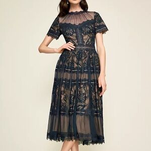 NWT Tadashi Shoji Camilla Tea-Length Illusion A-Line Dress - Navy
